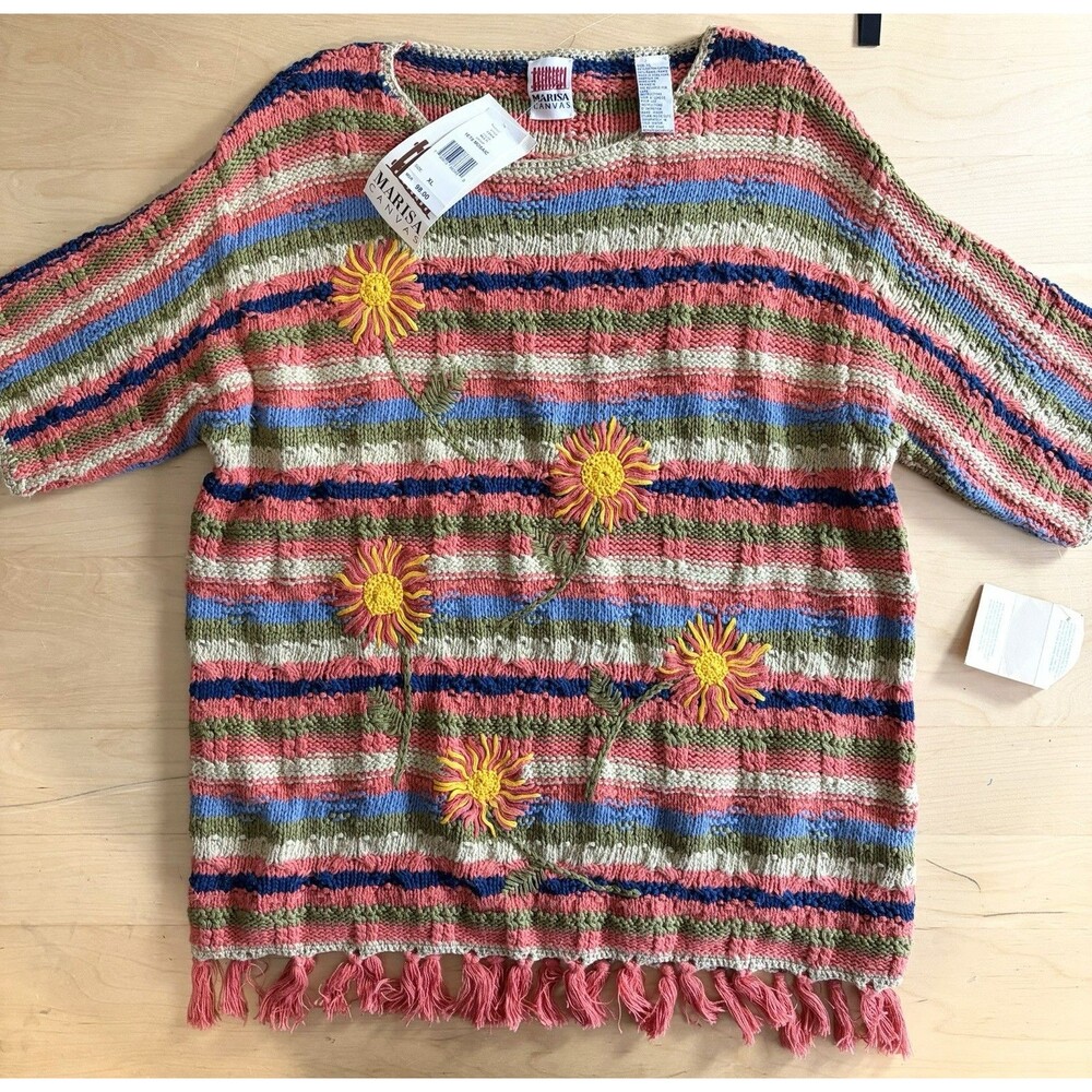 Vintage Marisa Christina Canvas Sunflower Striped Fringe Knit Sweater Grandma XL